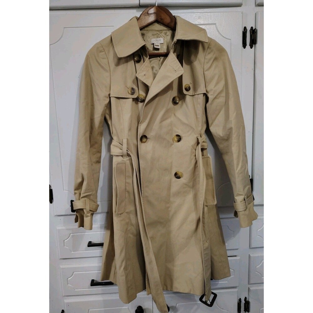 J Crew Trench Tan Coat Size 2 Women's Belted Double Breasted